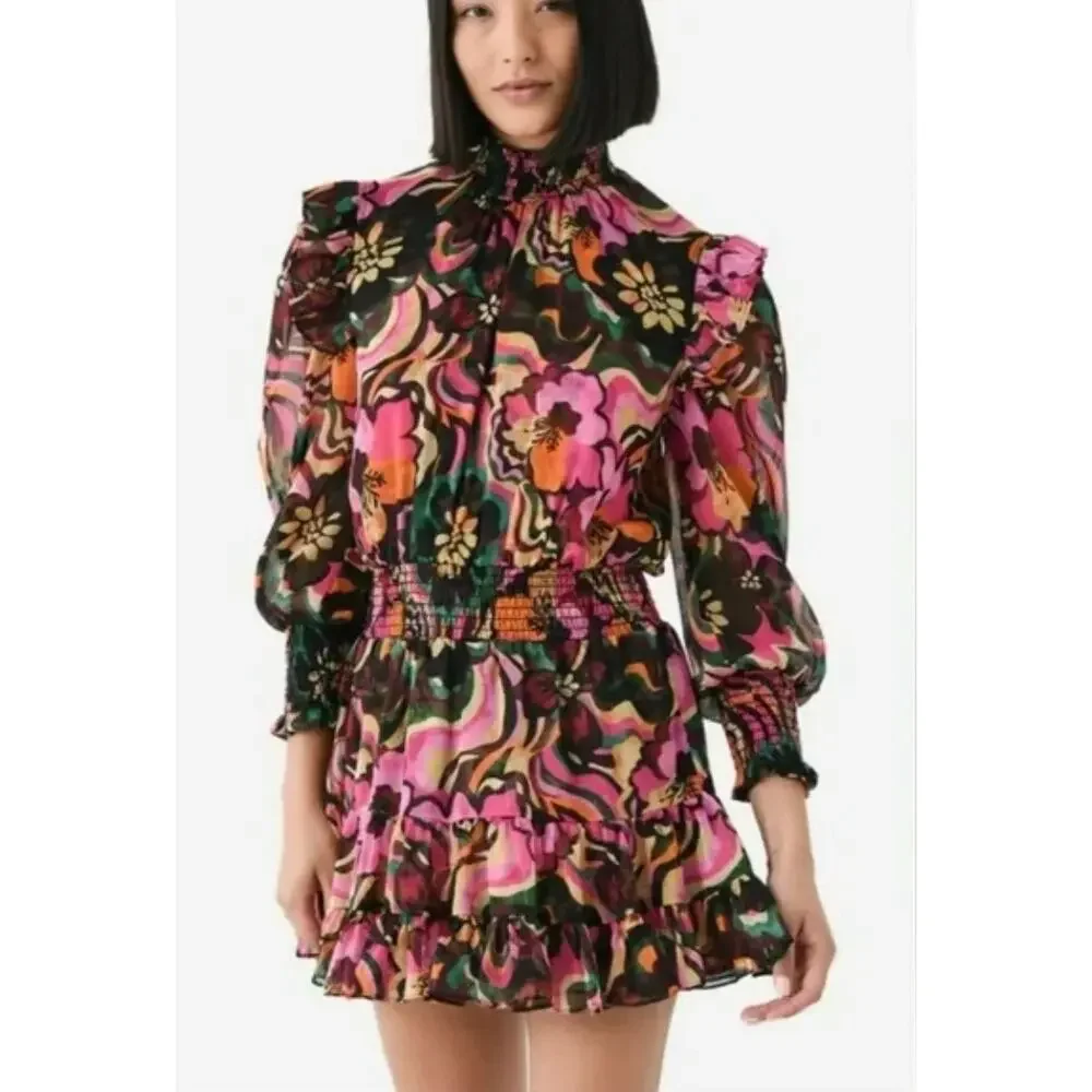 Misa Los Angeles Dress XS Gianna Floral Mini Groove Retro Multicolor Artsy Boho - Picture 3 of 16
